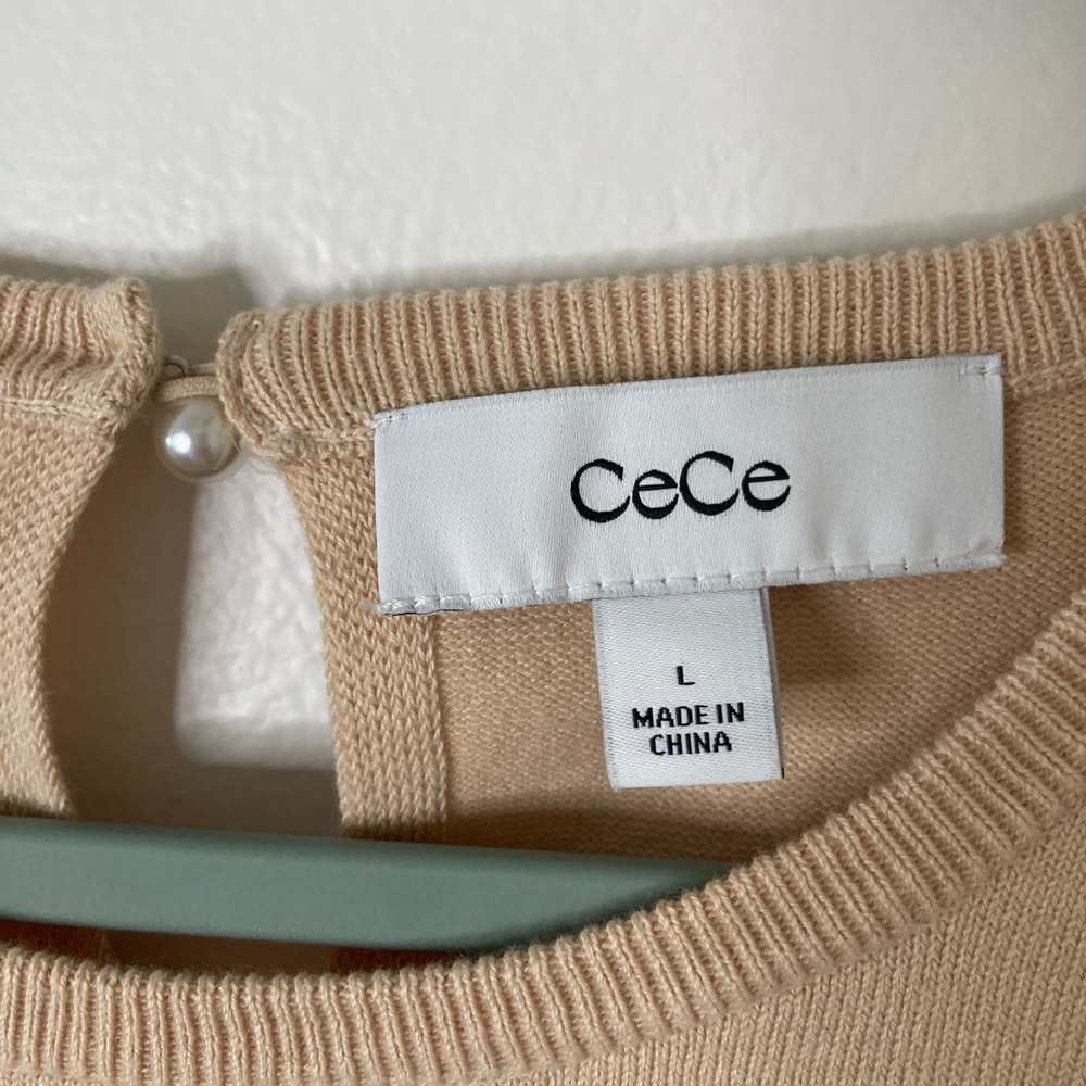 CeCe Puff Sleeve Pearl Keyhole Back Sweater Top Beige Tan L Coquette Office Chic - Picture 2 of 8